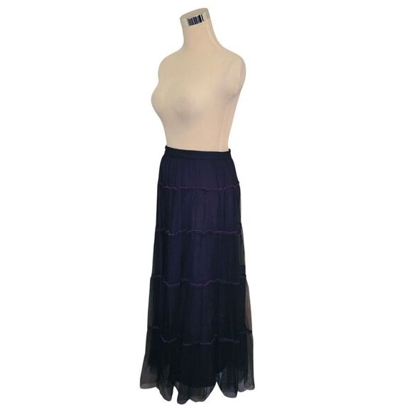 Sterling Styles Purple and Black Mesh Overlay Midi Tiered Prairie Skirt - Picture 3 of 7